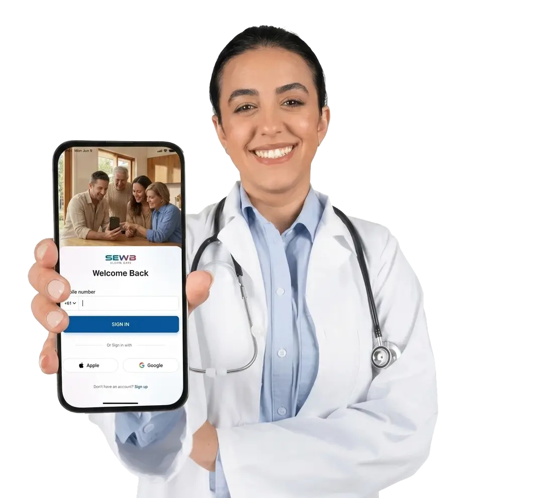 Doctor holding the SEWB app